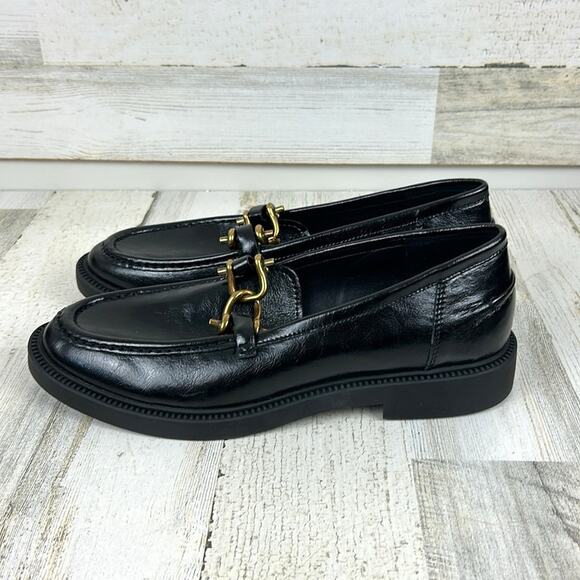 Steve Madden Women’s 11 Black Leather Karmine Gold Buckle Chunky Loafers NEW - Picture 4 of 9